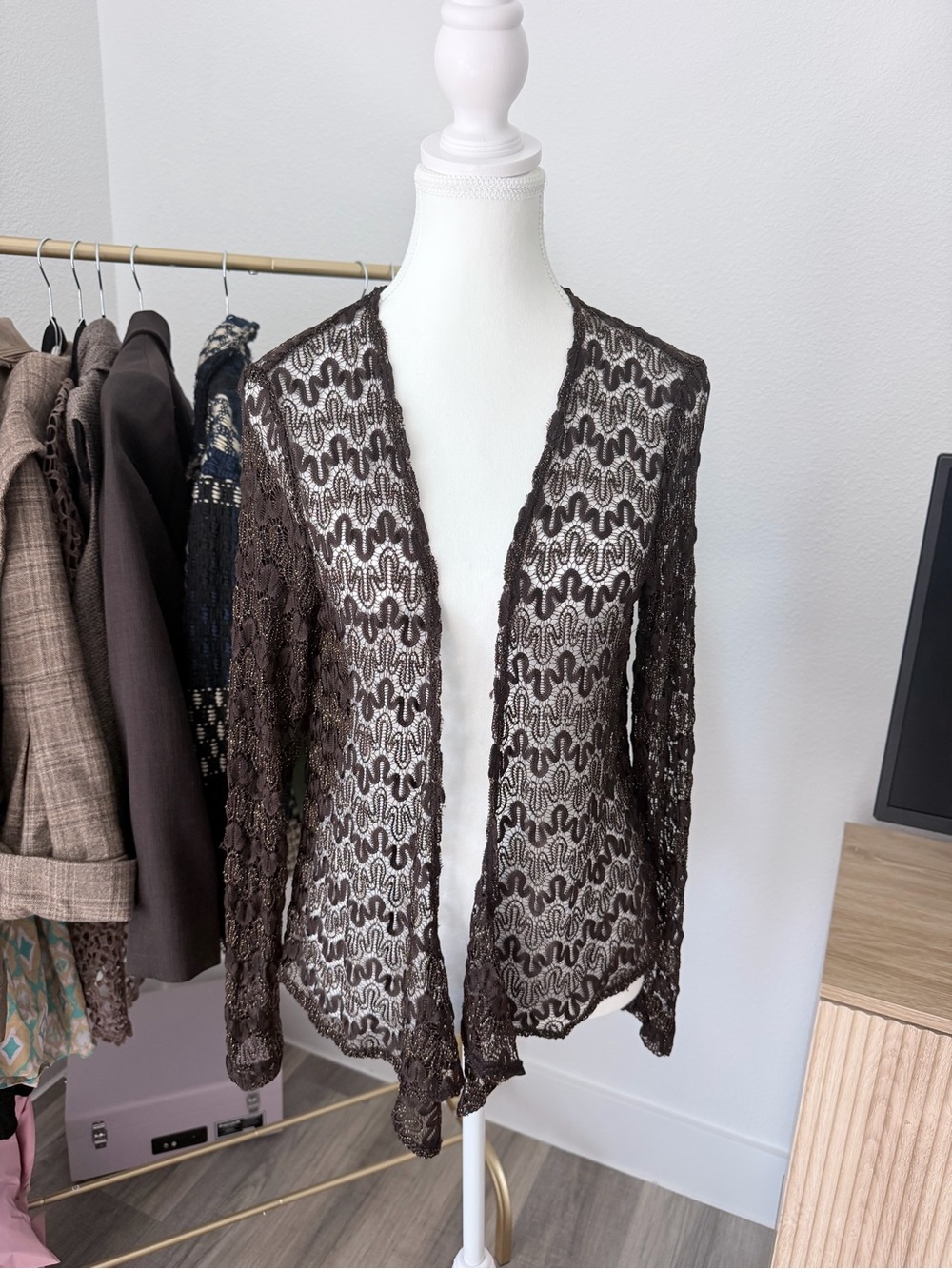 Brown Lace Open-Front Women's Sweater Cardigan